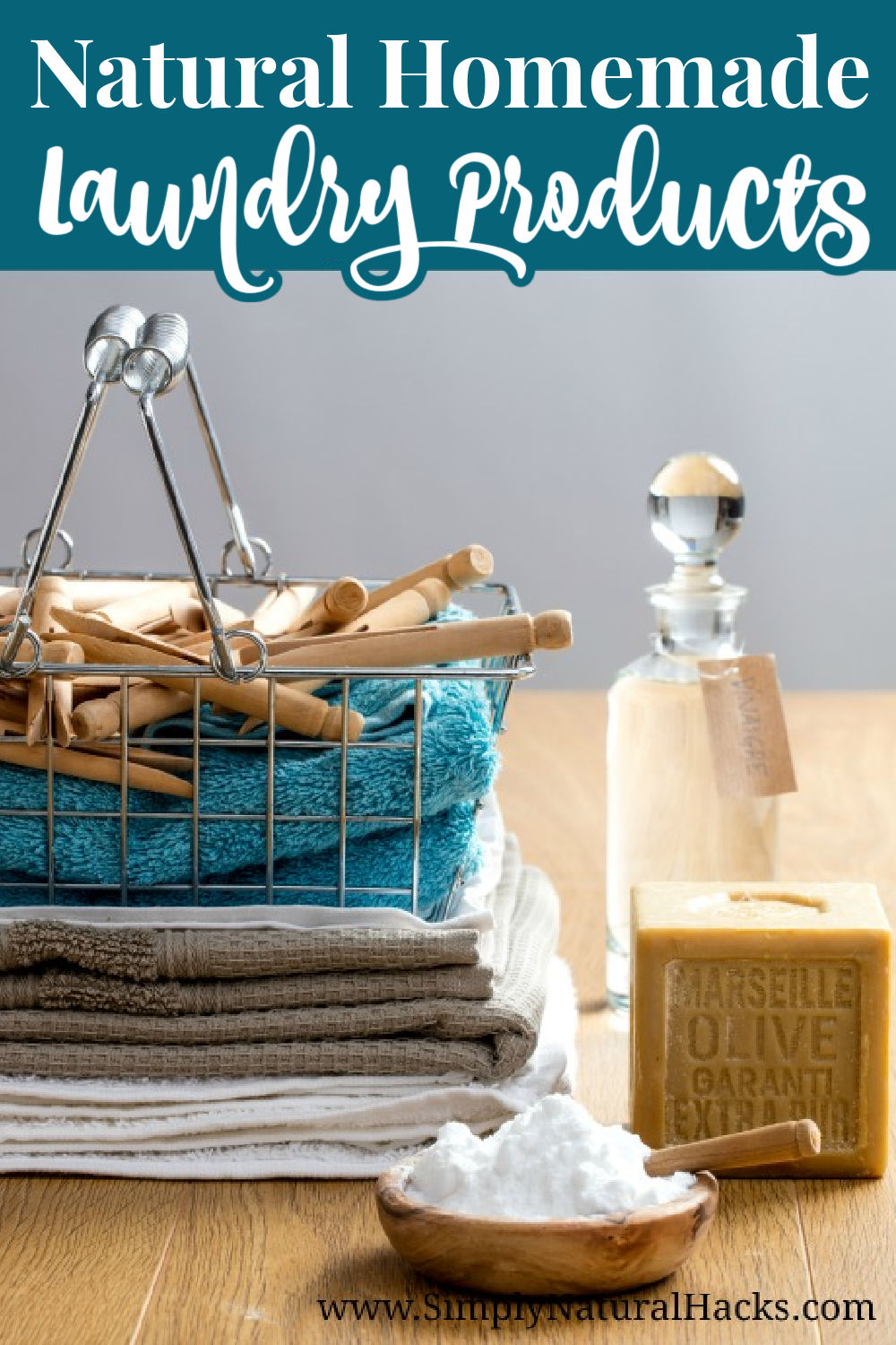 folded towels with homemade laundry soap and other natural cleaning products