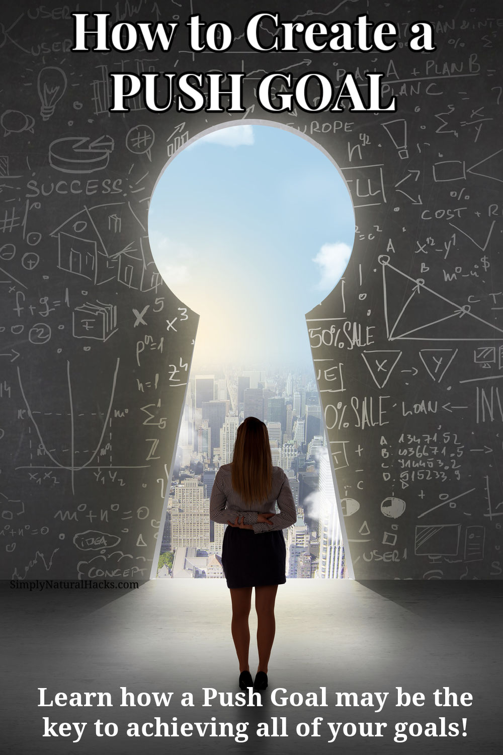 Woman looking at keyhole with bright cityscape concept background